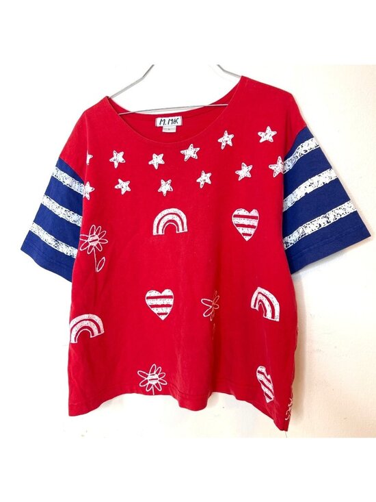 M.Mac Tops - M. Mac Patriotic Americana Art to Wear Top Large Rainbow Whimsical Flag USA